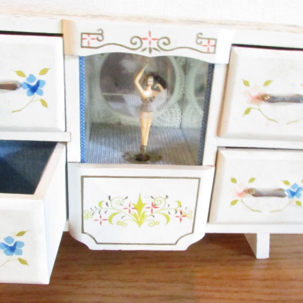 Wood  Musical Jewelry Box  with  Dancing Ballerina,  4 drawers , blue interior ** Jb210