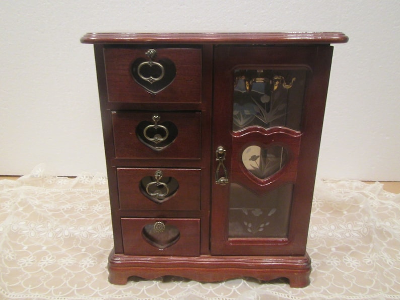 4 drawers and 1 door for Necklaces Wood Jewelry Box Brown Stain finish