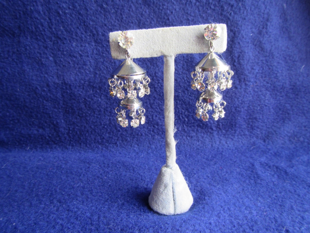 Vintage Pair of DANGLE Clip on EARRINGS Silver Tone 2 Tier With Faux