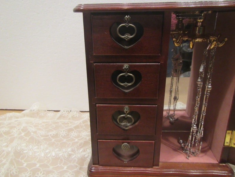 4 drawers and 1 door for Necklaces Wood Jewelry Box Brown Stain finish