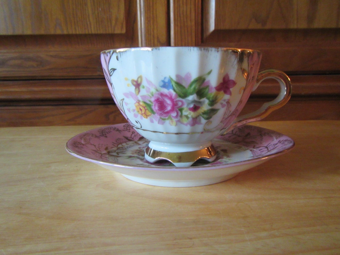 Decorative Tea Cup and Saucer Pink and Floral with gold trim Etsy