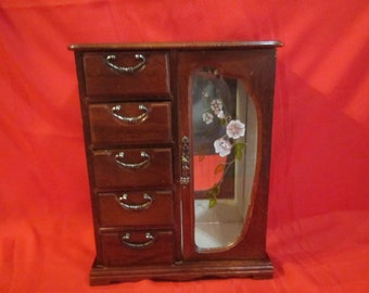 Wood Jewelry Box * 5 drawers and 1 door for Necklaces ,  Brown Stain finish with tan fabric interior JB532