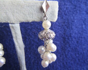 vintage pair of Clip on DANGLE EARRINGS ;  Silver tone with cluster faux Pearls