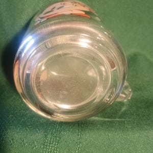 Pu&ograve; includere: Tazza di vetro trasparente con un piccolo manico. La tazza ha un disegno sul bordo superiore con colori arancione, bianco e beige. La tazza &egrave; appoggiata su una superficie verde.