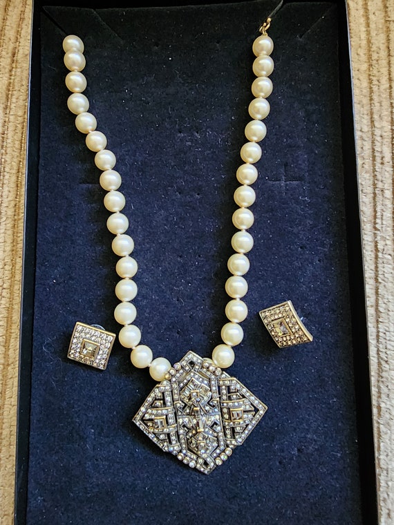 Black diamond and pearl Heidi Daus necklace and ea