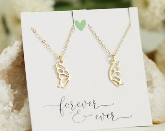 Best Friend Matching Necklaces, Gold Butterfly Necklace, BFF Necklace, Two Wing Charm Necklace, Friendship Jewelry Set, Gift for Couples