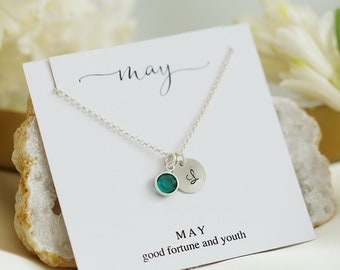 May Birthstone Necklace, Silver Emerald Necklace, Birthday Gift for Her, Birthstone Initial Necklace, Personalized Jewelry, Name Necklace