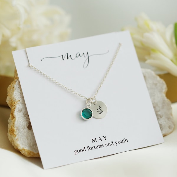 May Birthstone Necklace, Silver Emerald Necklace, Birthday Gift for Her, Birthstone Initial Necklace, Personalized Jewelry, Name Necklace