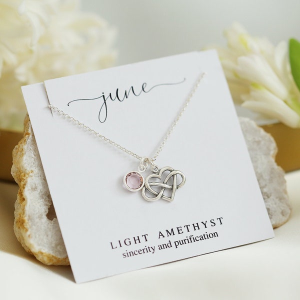 Personalisierte Juni Birthstone Halskette, Brautjungfer zierliche Halskette, Unendlichkeit Herz Schmuck Geschenk, Geburtstagsgeschenk für sie, leichte Amethyst Anhänger