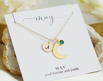 Emerald Necklace, Gold Moon Necklace, May Birthstone Necklace, Emerald Birthstone Jewelry, May Birthday Gift for Her, Custom Initial Jewelry