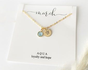 March Birthday Gift, Birthstone and Initial Necklace, Personalized Gift for Women, Gold Name Necklace, Jewelry Birthday Gift for Teens