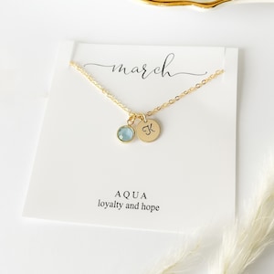 March Birthstone Initial Necklace, Gold Letter Pendant, Personalized Monogram Jewelry
