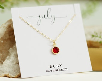 Birthday Gift for Her, July Birthstone Necklace, Dainty Gold Necklace, Personalized Gifts for Best Friend, Ruby Crystal Pendant