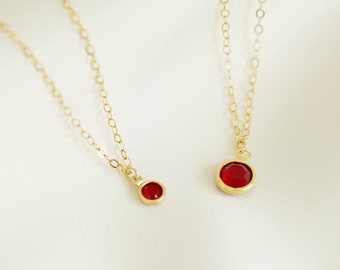 Tiny July Birthday Gift for Her, Dainty Minimalist Gold Necklace, Ruby Birthstone Jewelry for Woman, Birthday Girl Gift, Children's Necklace