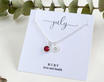 Personalized July Birthstone Necklace, Ruby Necklace Gifts for Women, Sterling Silver Initial Necklace for Her, Mother Birthday Gift Ideas