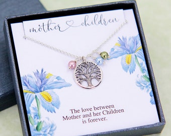 Mothers Day Gift, Mothers Birthstone Necklace, Family Necklace, Mom Gifts, Mother Daughter Necklace, Necklace for Mum, Tree of Life Necklace