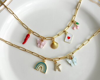 Bauen Sie Ihre eigene individuelle Charm-Halskette, vergoldete Charm-Halskette, wählen Sie Ihre Charms aus, entwerfen Sie Ihre eigene individuelle Charm-Halskette, personalisiertes Geschenk