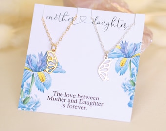 Mother Daughter Necklace, Gold Silver Butterfly Necklace, Unique Mothers Day Necklace, Birthday Gift for Mom, Long Distance Gift for Mum