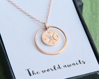 Compass necklace, Rose Gold Compass Necklace, Graduation Gift for Her, Graduation Necklace, The World awaits, Journey Necklace,Class of 2018