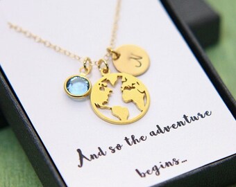 College Graduation Gift for Her, Gold Map Necklace, Personalized Necklace, Senior Graduation 2024, World Map Necklace, Birthstone Jewelry
