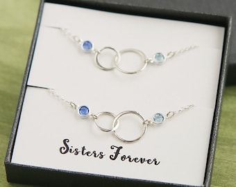 Bracelet deux soeurs, bracelet d'éternité en argent, bracelet de pierres de naissance, cadeau d'anniversaire pour elle, cadeau personnalisé pour soeur, bijoux d'amitié