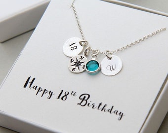 18th Birthday Gifts for Girls, Compass Necklace, Personalized Gift for Daughter, Birthstone Initial Necklace, Gift for Her, Sister Birthday