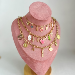 Collar con múltiples dijes personalizado, collar con dijes de oro personalizado, regalo para el Día de la Madre, joyería vintage para mujer, colgante grande, regalo de cumpleaños