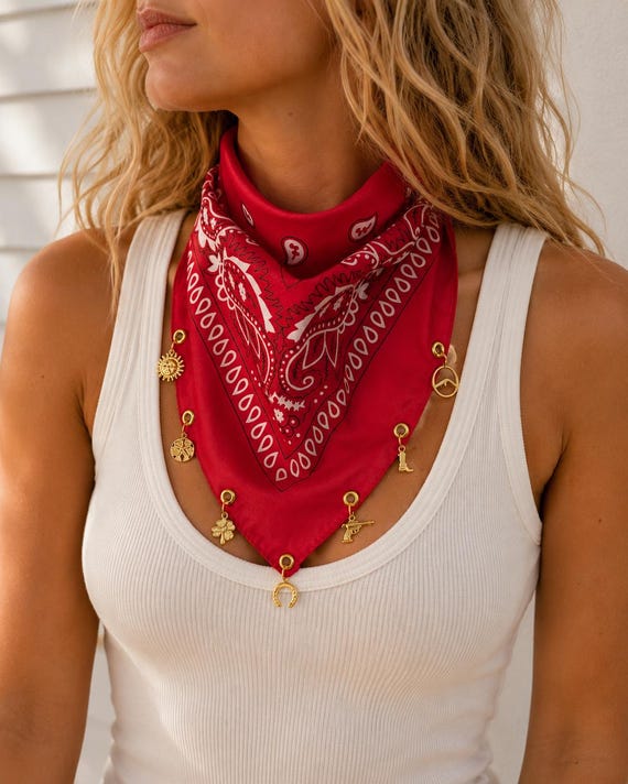 Personalized Bandana Necklace, Custom Charm Scarf Necklace, Western Charms Jewelry, Country Concert Accessory
