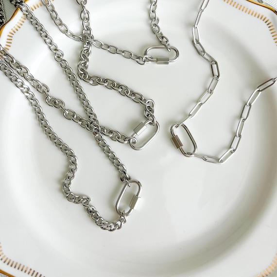Carabiner Charm Necklace, Stainless Steel Waterproof Chain, Charms