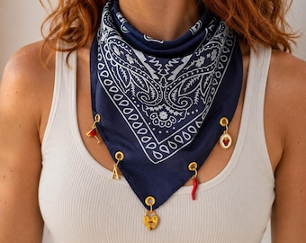 Custom Charm Bandana Necklace, Personalized Western Scarf with Charms, Coastal Cowgirl Gift