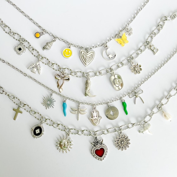 Custom Charm Necklace, Personalized Silver Pendant, Vintage Style Chunky Jewelry
