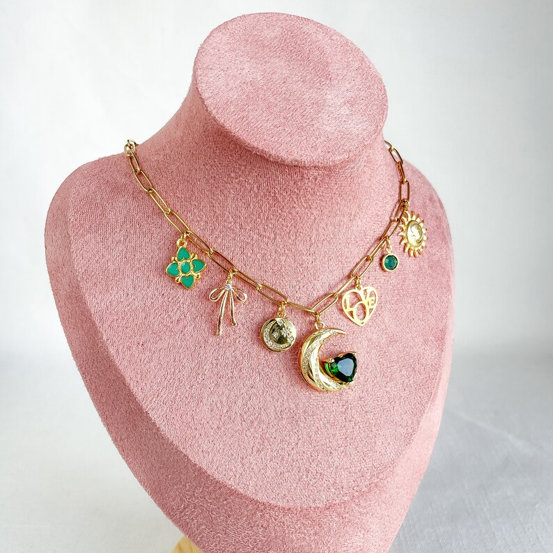 Collier personnalisable à breloques en or, choisissez vos breloques, créez votre propre collier à breloques personnalisé, bijoux d'été, gros collier de style vintage image 2