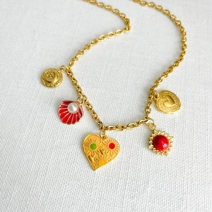 Gold Charm Necklace, Vintage Style with Heart & Shell Pendants