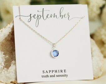 Sapphire September Birthstone Charm Necklace, Silver Chain, Bridesmaid Jewelry