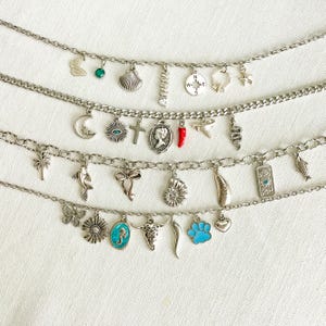 May include: Four silver-toned charm bracelets featuring various pendants including a butterfly, seashell, compass, moon, cross, cameo, red chili pepper, snake, palm tree, fish, bow, ammonite, cow skull, blue paw print, and the word MAMA.