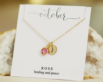 Gold Letter Necklace, October Birthstone Necklace, Birthday Gift for Her, Custom Initial Jewelry, Gift for Sister, Gift for Mom