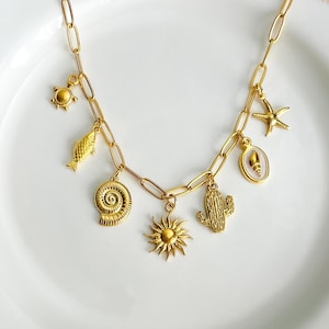 Personalized Gold Beach Necklace, Summer Shell Charm Necklace, Build Your Own Custom Charm, Tropical Charm Necklace, Vacation Gift for Girls