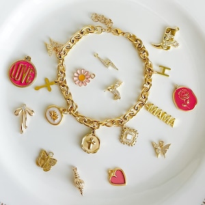 Custom Gold Charm Bracelet, Chunky Vintage Jewelry Gift