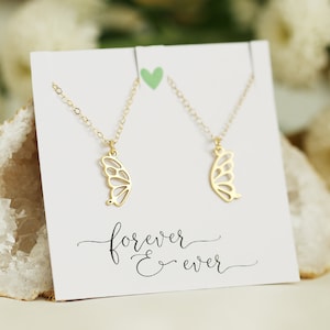 two gold butterfly charm necklace, matching necklaces for best friend, minimalist jewelry for women