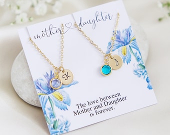 Mother Daughter Necklace, Family Necklace, Birthstone Necklace, Gold Letter Necklace, Mothers Day Gift, Mum Necklace, Mam Gift, Set of 2