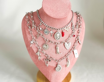 Custom Silver Multi Charm Necklace, Build Your Own, Waterproof Pendant, Personalized Jewelry for Women
