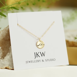Gold Mountain Necklace, Hand Stamped 14k Gold Filled Disc, Adventure Gift