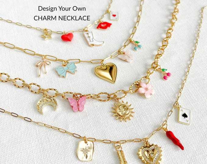 Build Your Own Custom Charm Necklace, 18K Gold Charms, Personalized Birthday Gift, Customizable Jewelry, Chunky Vintage Style, Waterproof