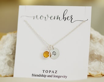 Topaz Necklace, Custom Gift for Her, November Birthday Gift, Silver Initial Necklace, Name Necklace, Birthstone Jewelry, Personalized Gift