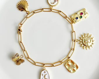 Pulsera con dije personalizado, cadena gruesa de oro, colgante estilo vintage, crea la tuya