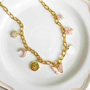 Multi Charm Necklace, Gold Charm Necklace, Vintage Jewelry Gift for Women, Pink Butterfly Charm, Gold Chunky Jewelry, Statement Necklace