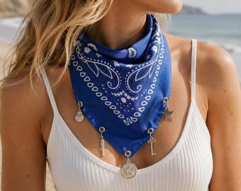 Custom Charm Bandana, Personalized Western Scarf with Silver Charms, Coastal Cowgirl Accessory, Boho Beach Jewelry