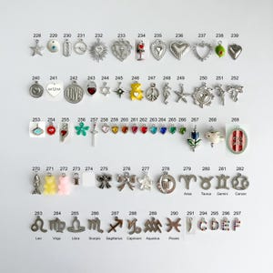 May include: A collection of metal charms arranged in rows and numbered from 228 to 297. The charms include various shapes such as stars, hearts, animals, zodiac symbols, letters, and geometric designs in silver, gold, and colored finishes.