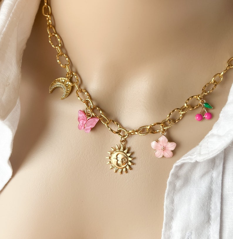 Customizable gold charms and gold plated chain necklace