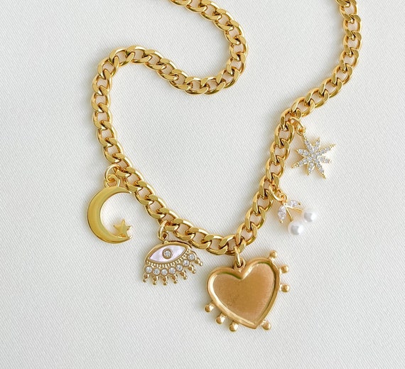 Custom Gold Charm Necklace, Pick Your Charms, Vintage Style Pendant,  Personalized Bridesmaid Necklaces